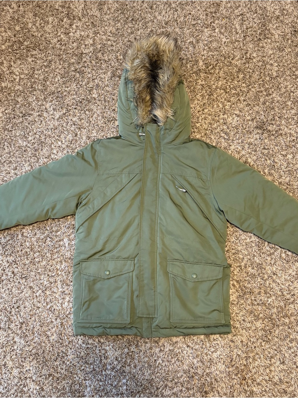 GAP Olive Green Hooded Puffer Jacket with Faux Fur Trim